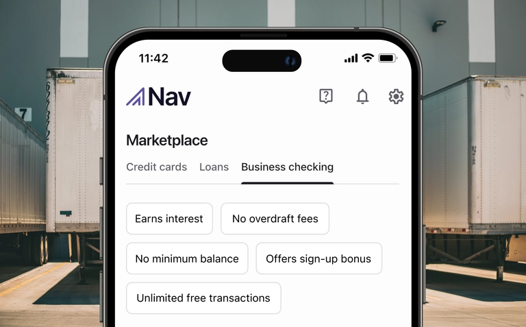 Nav mobile marketplace screen highlighting business checking options with benefits like no overdraft fees and unlimited free transactions.